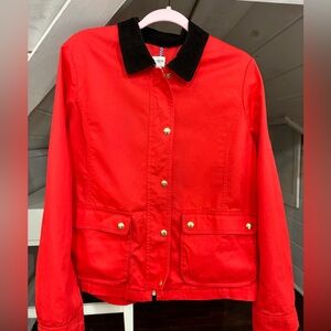JCrew Utility Jacket in beautiful red, black corduroy collar with blue stripe